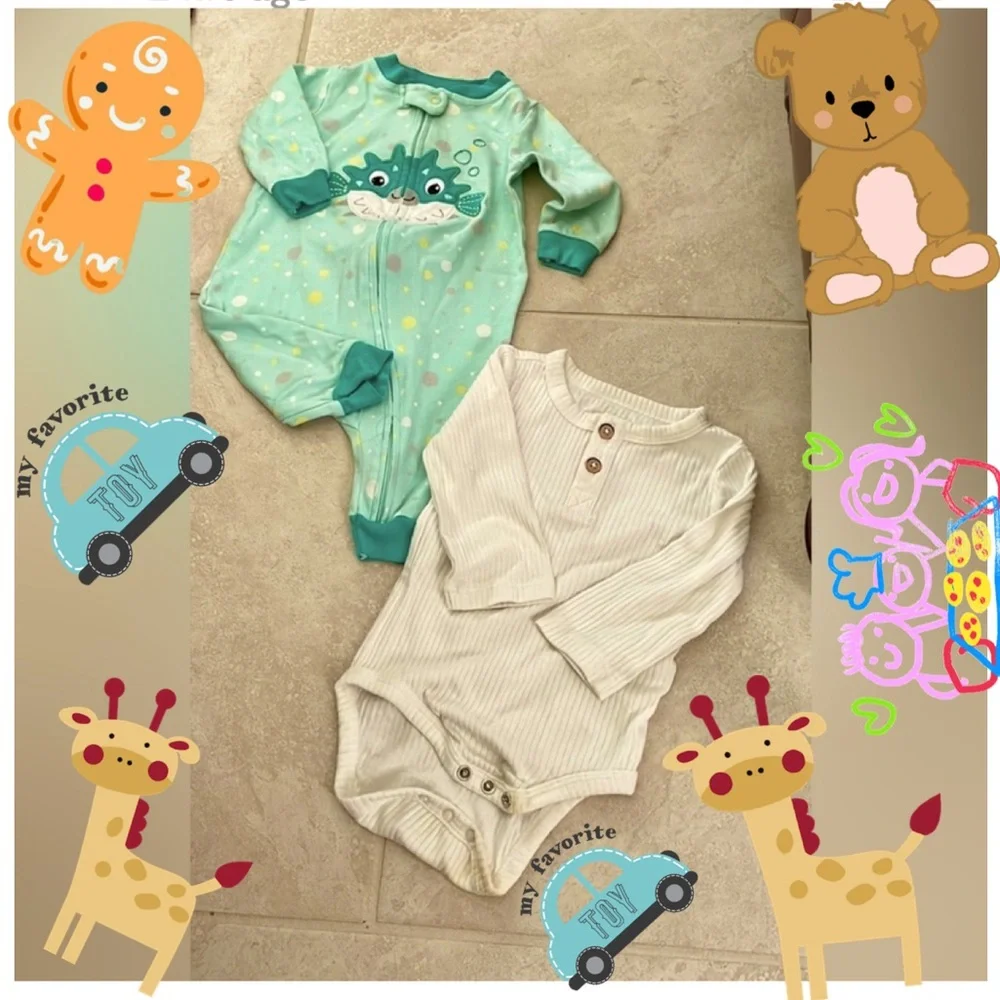 2 Pieces jumpsuit Cat & Jack & Koala Bear Green and White Footies One Piece 3-6M